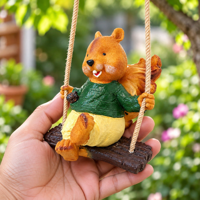 Hanging Squirrel Boy Swinging Statue for Garden Decoration (Brown)