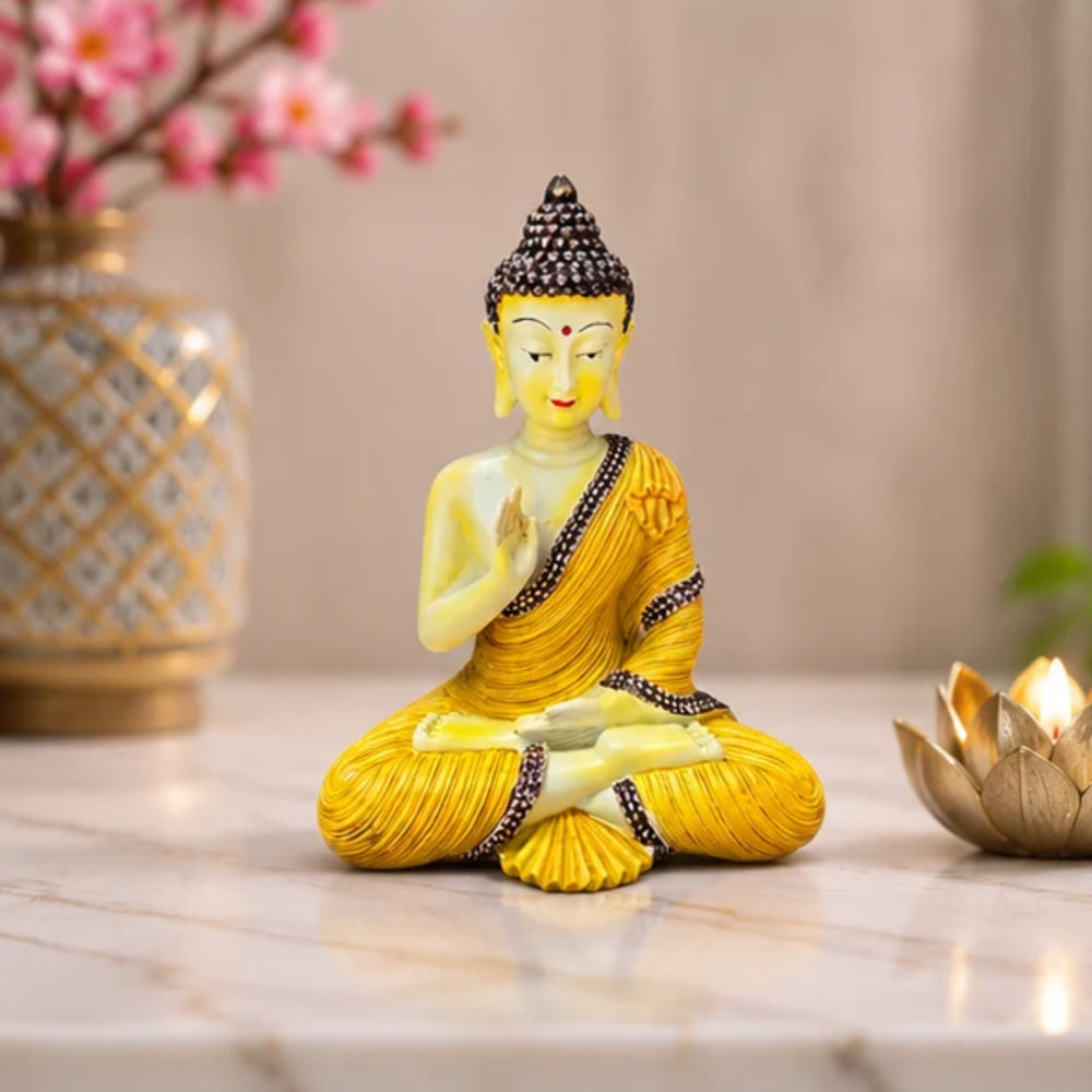 Meditating Buddha Statue – Yellow & Gold Robe Sitting Buddha