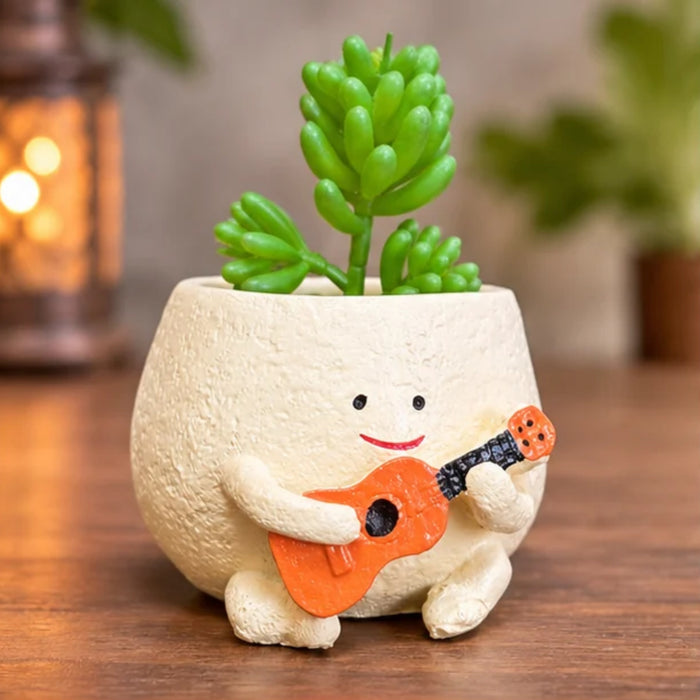 Whimsical Tiny Character Pot – Orange Guitar "Happy Planter