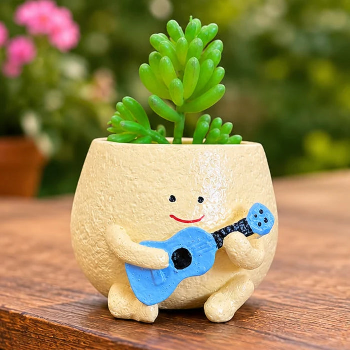 Happy Succulent Pot with Blue Guitar
