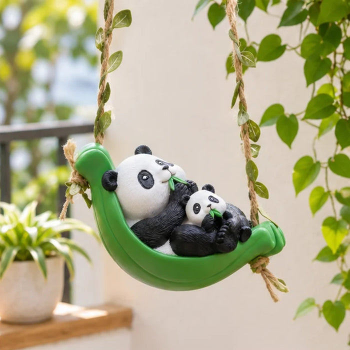 Mini Hanging Garden Pandas – Mother & Baby Panda on a Bamboo Leaf Swing Decor