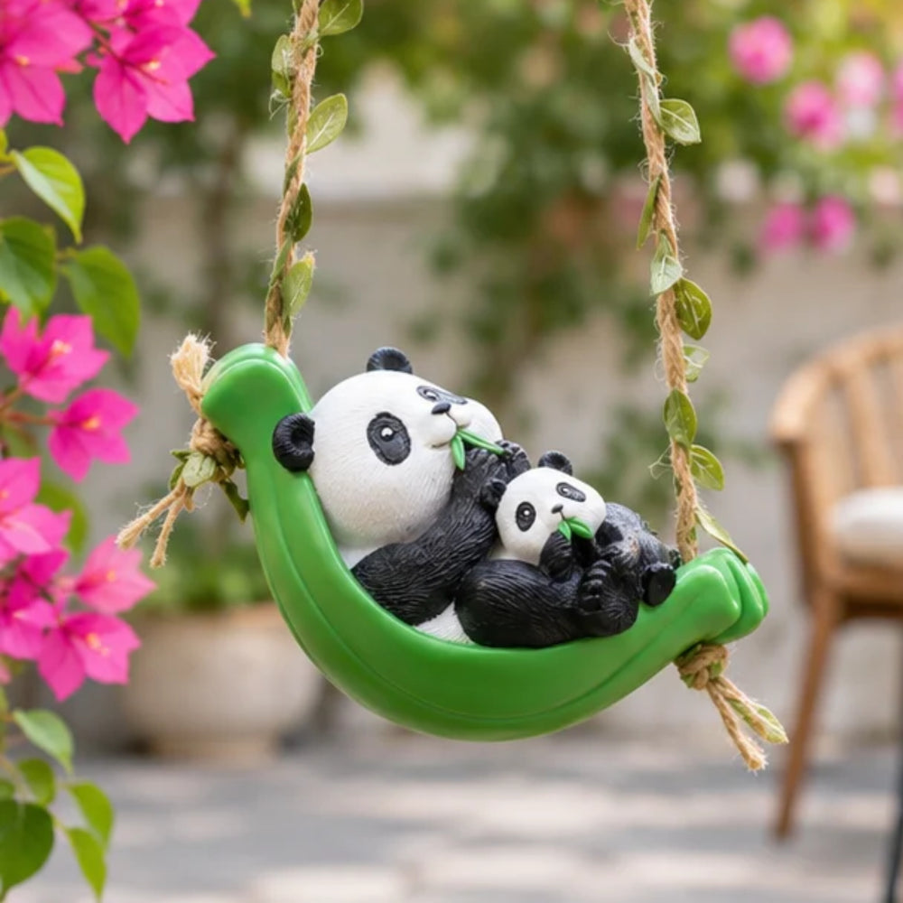 Mini Hanging Garden Pandas – Mother & Baby Panda on a Bamboo Leaf Swing Decor