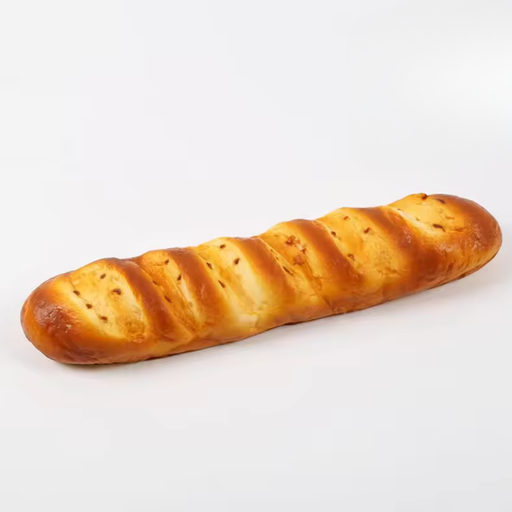 A long, golden-brown artificial French baguette bread loaf with realistic crust texture and score marks. Black arrows indicate the dimensions: 39cm in length, 9cm in width, and 5.5cm in height, set against a white background.