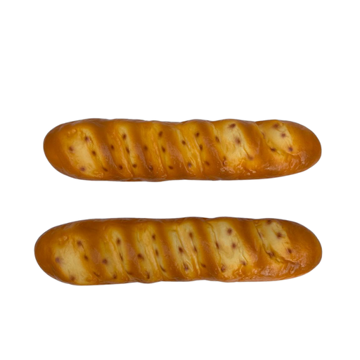 A long, golden-brown artificial French baguette bread loaf with realistic crust texture and score marks. Black arrows indicate the dimensions: 39cm in length, 9cm in width, and 5.5cm in height, set against a white background.