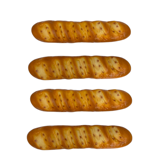 A long, golden-brown artificial French baguette bread loaf with realistic crust texture and score marks. Black arrows indicate the dimensions: 39cm in length, 9cm in width, and 5.5cm in height, set against a white background.- 4 Pc
