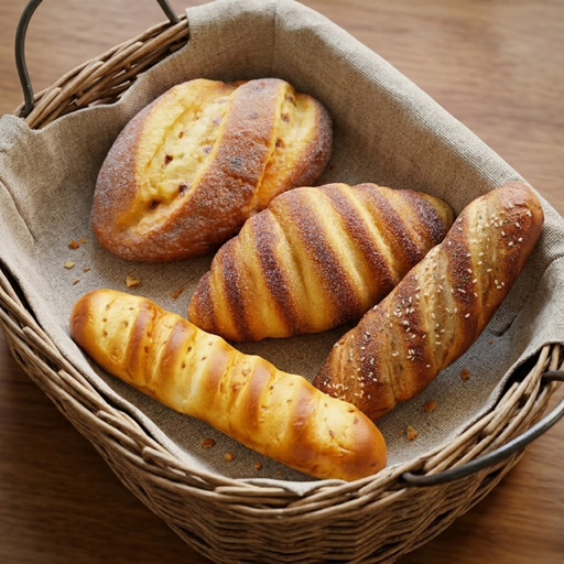 An assortment of four freshly baked artisanal breads in clear plastic packaging, including a long golden baguette, a seeded sourdough loaf, and two smaller crusty rolls, displayed on a light wooden tabletop.