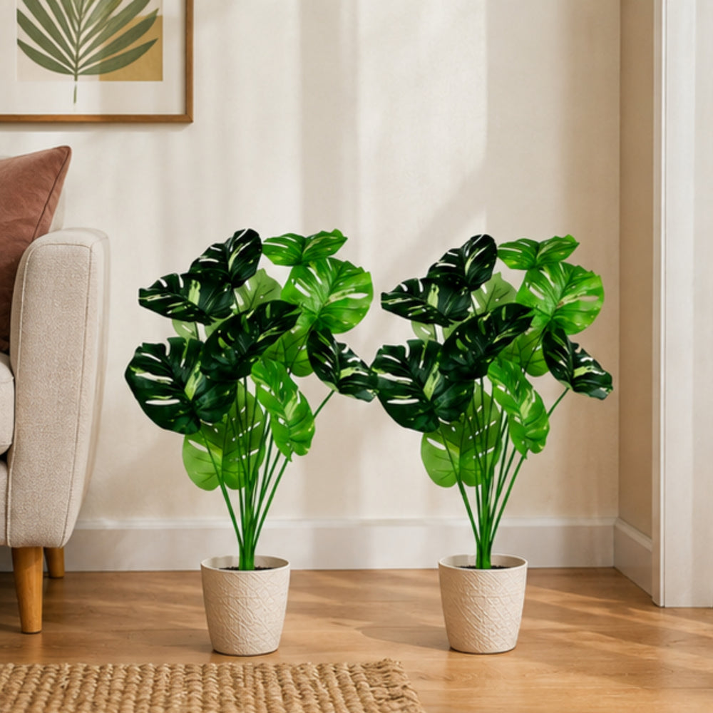 Premium Set of 2 Artificial Monstera Deliciosa Leaf Stems - Decorative Greenery (Pot not included)