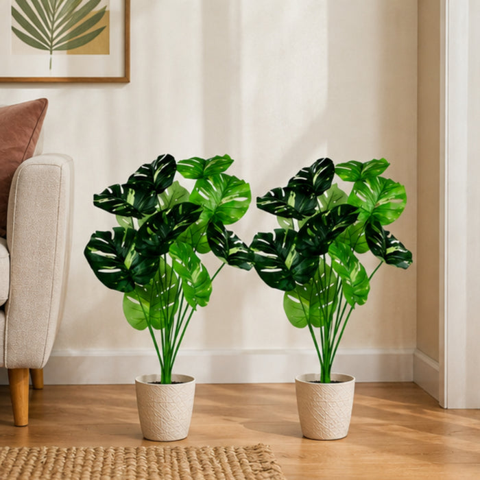 Premium Set of 2 Artificial Monstera Deliciosa Leaf Stems - Decorative Greenery (Pot not included)