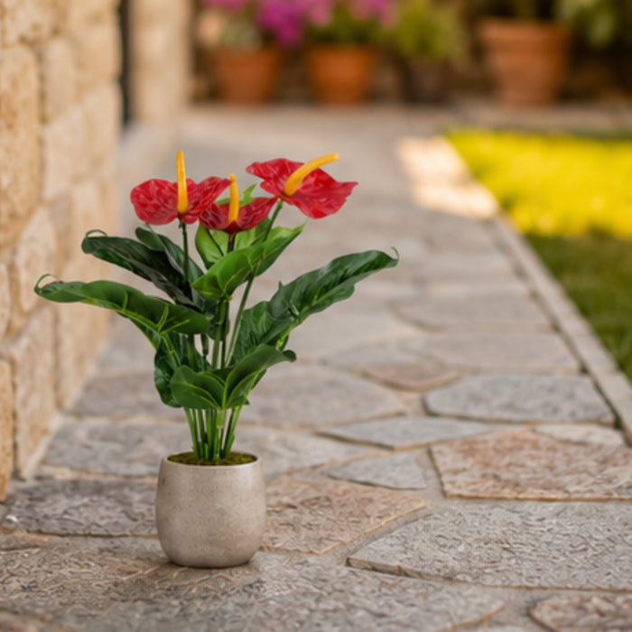 Realistic Artificial Anthurium Plant- Red Flowers with Lush Green Foliage (Pot not included)