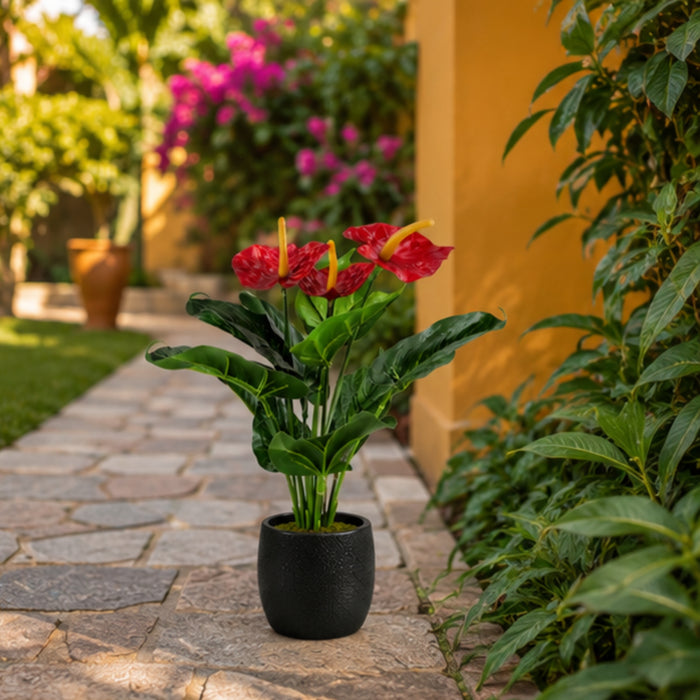 Realistic Artificial Anthurium Plant- Red Flowers with Lush Green Foliage (Pot not included)