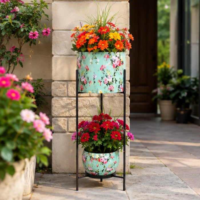 Floral Printed 2 Tier Planter with Stand (Blue)