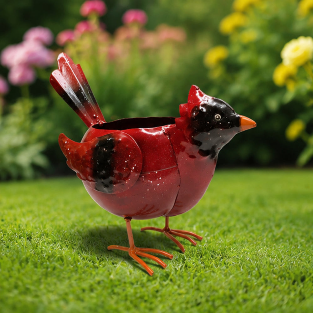 Metal bird planter pot with red