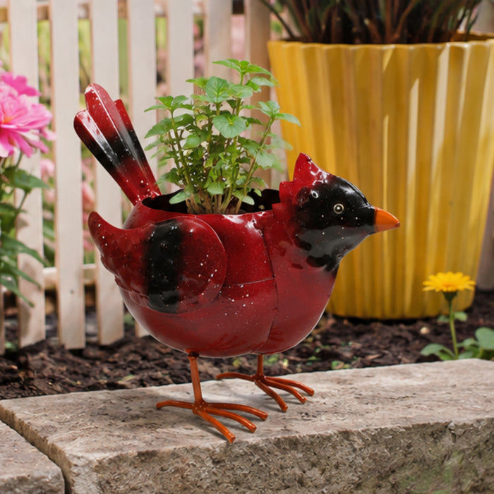 Metal bird planter pot with red