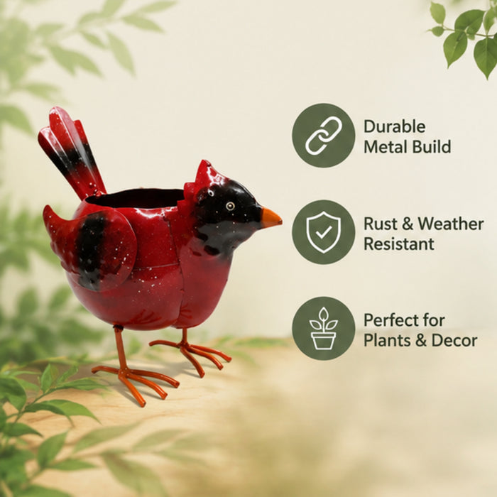Metal bird planter pot with red