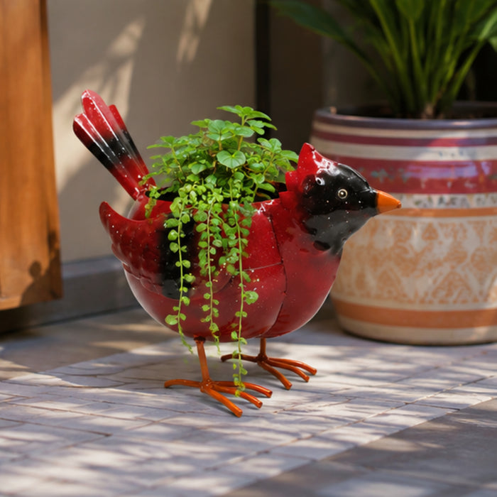 Metal bird planter pot with red