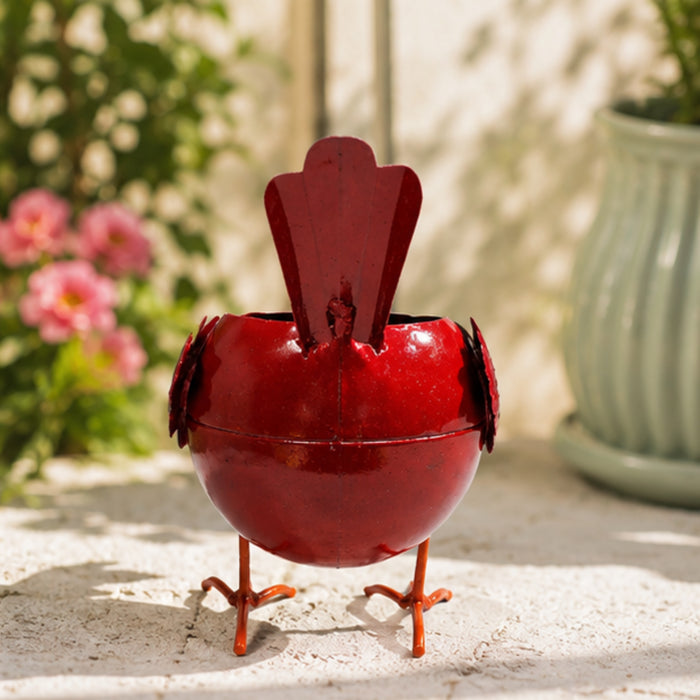 Metal bird planter pot with red