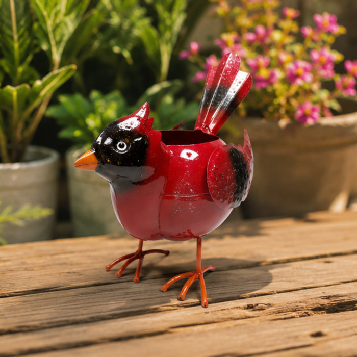 Metal bird planter pot with red