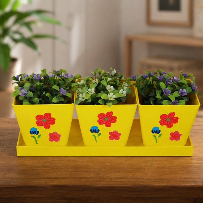 Set of Three Metal Pots with Tray in Yellow and Floral Design