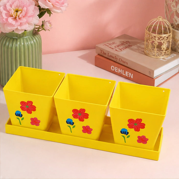Set of Three Metal Pots with Tray in Yellow and Floral Design