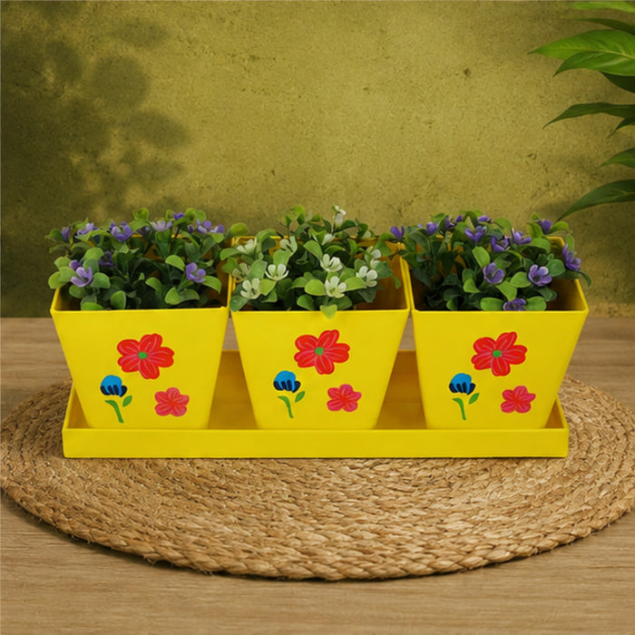 Set of Three Metal Pots with Tray in Yellow and Floral Design