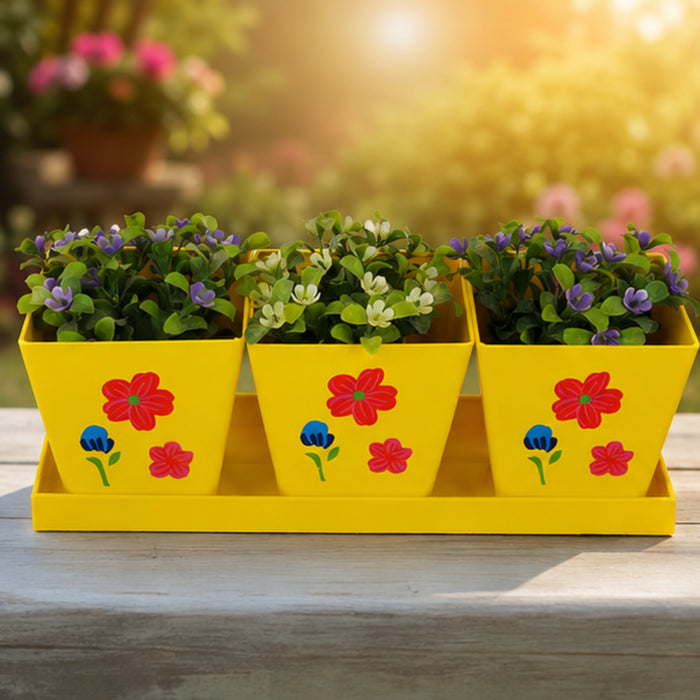 Set of Three Metal Pots with Tray in Yellow and Floral Design