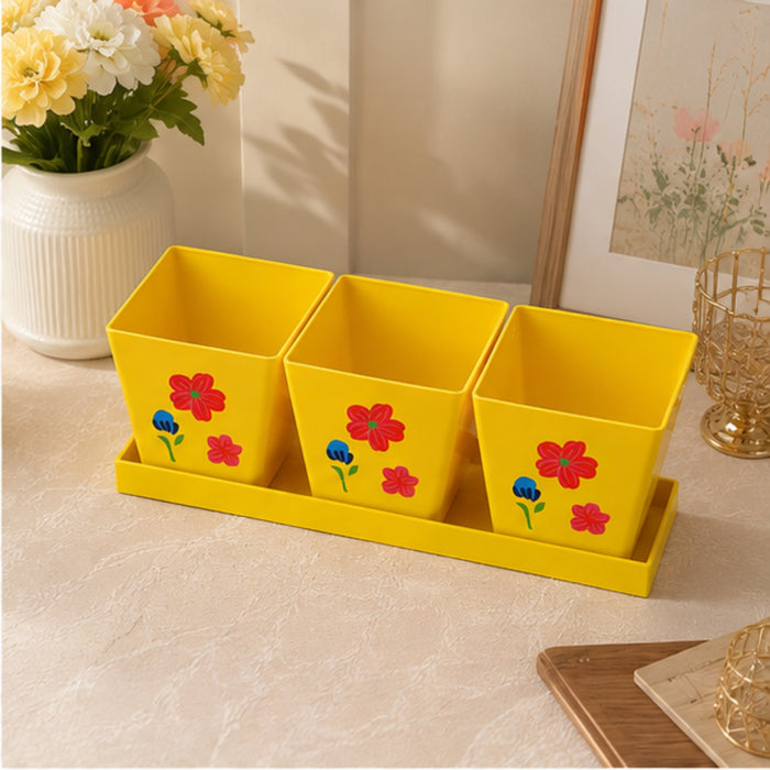 Set of Three Metal Pots with Tray in Yellow and Floral Design