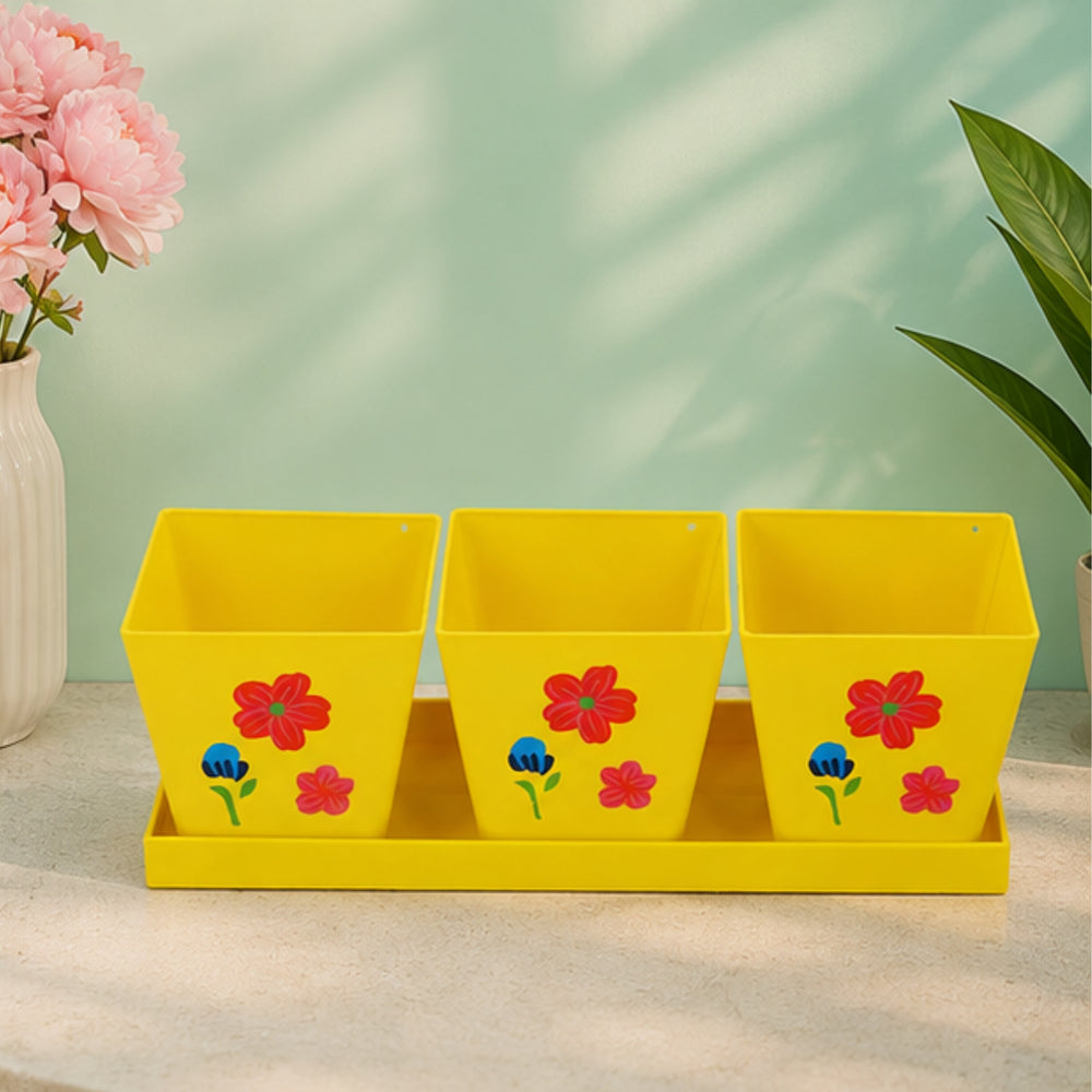 Set of Three Metal Pots with Tray in Yellow and Floral Design