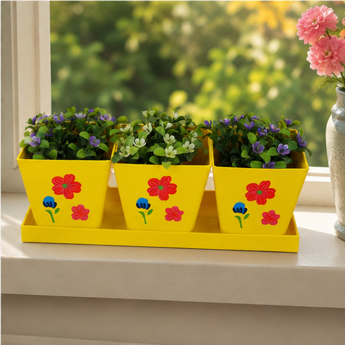 Set of Three Metal Pots with Tray in Yellow and Floral Design