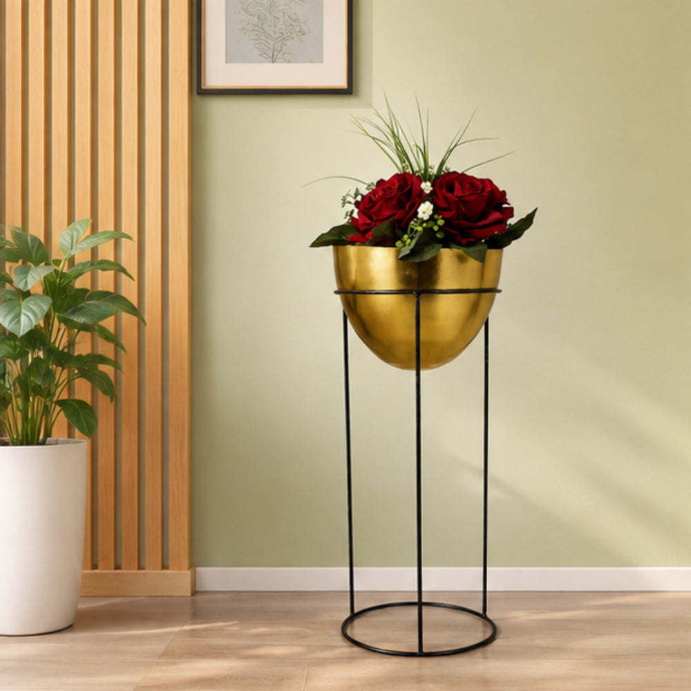Single Gold Bowl Shape Planter with Black stand