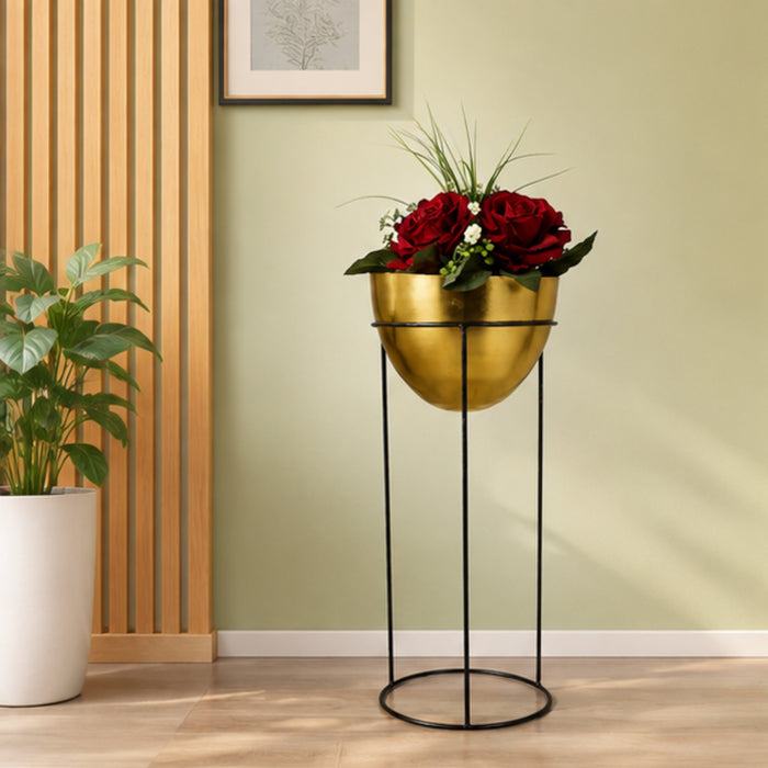 Single Gold Bowl Shape Planter with Black stand