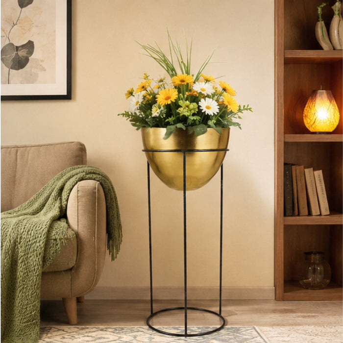 Single Gold Bowl Shape Planter with Black stand