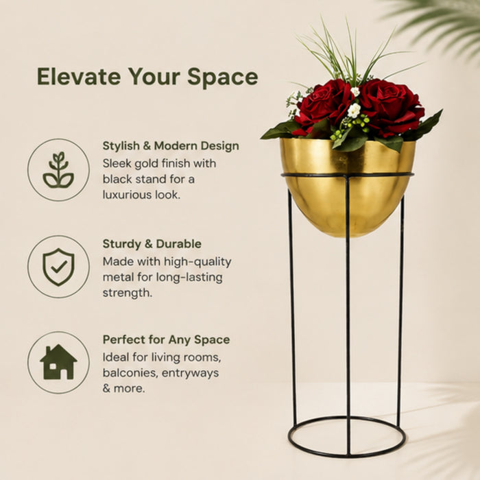 Single Gold Bowl Shape Planter with Black stand