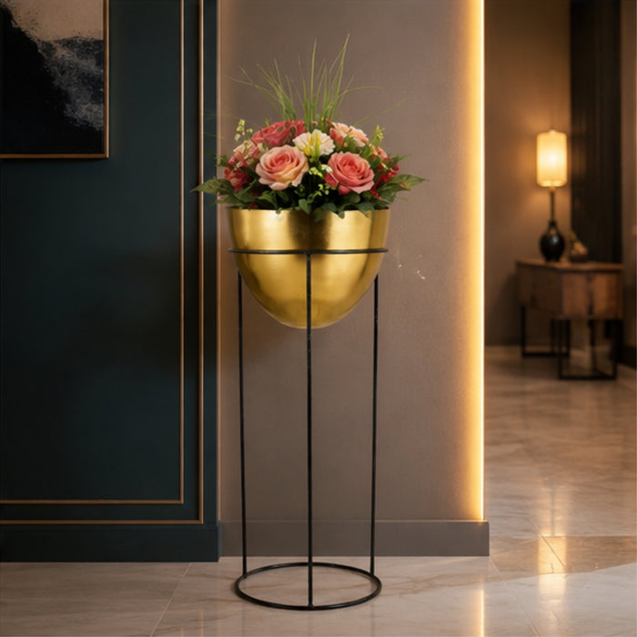 Single Gold Bowl Shape Planter with Black stand