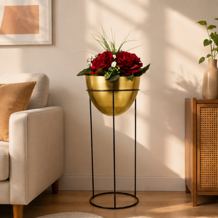 Single Gold Bowl Shape Planter with Black stand