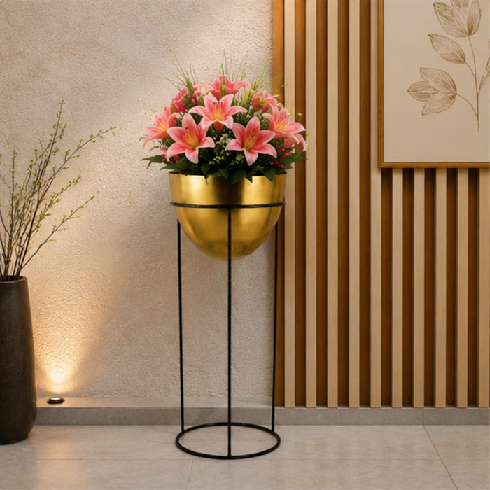 Single Gold Bowl Shape Planter with Black stand