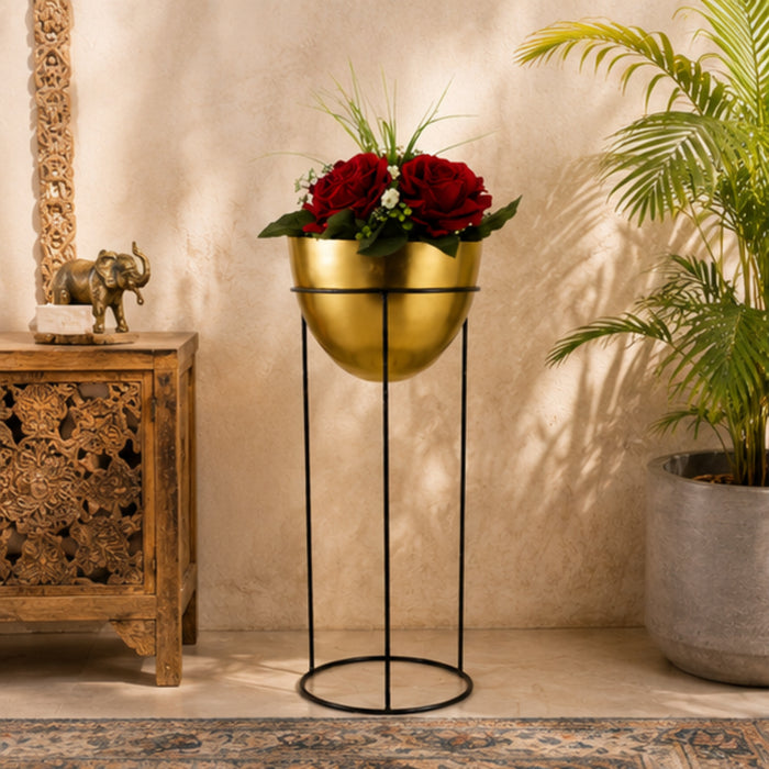 Single Gold Bowl Shape Planter with Black stand