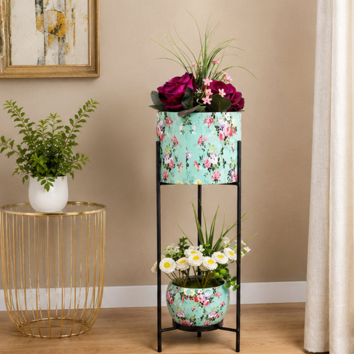Floral Printed 2 Tier Planter with Stand (Blue)