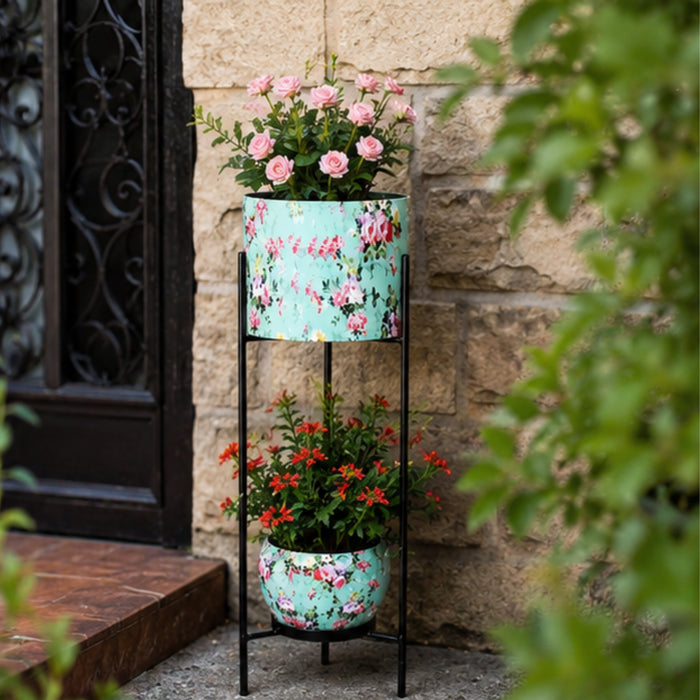 Floral Printed 2 Tier Planter with Stand (Blue)