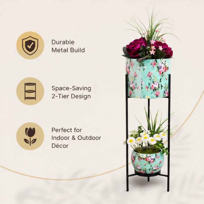 Floral Printed 2 Tier Planter with Stand (Blue)