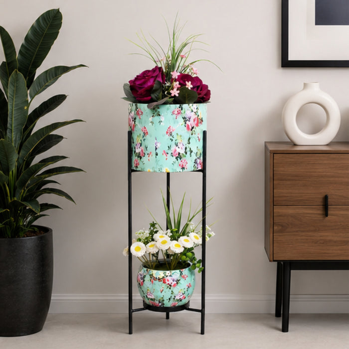 Floral Printed 2 Tier Planter with Stand (Blue)
