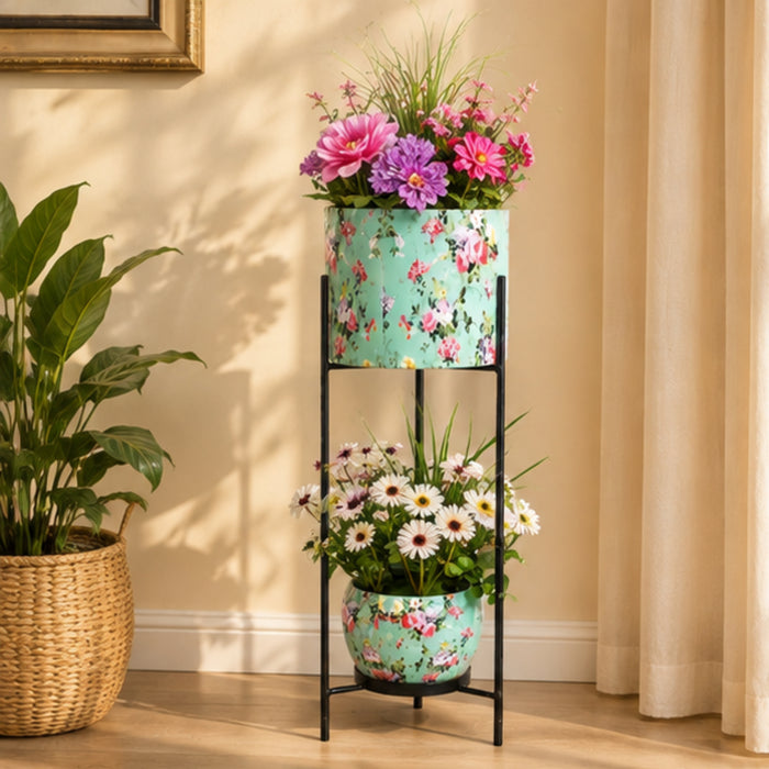 Floral Printed 2 Tier Planter with Stand (Blue)