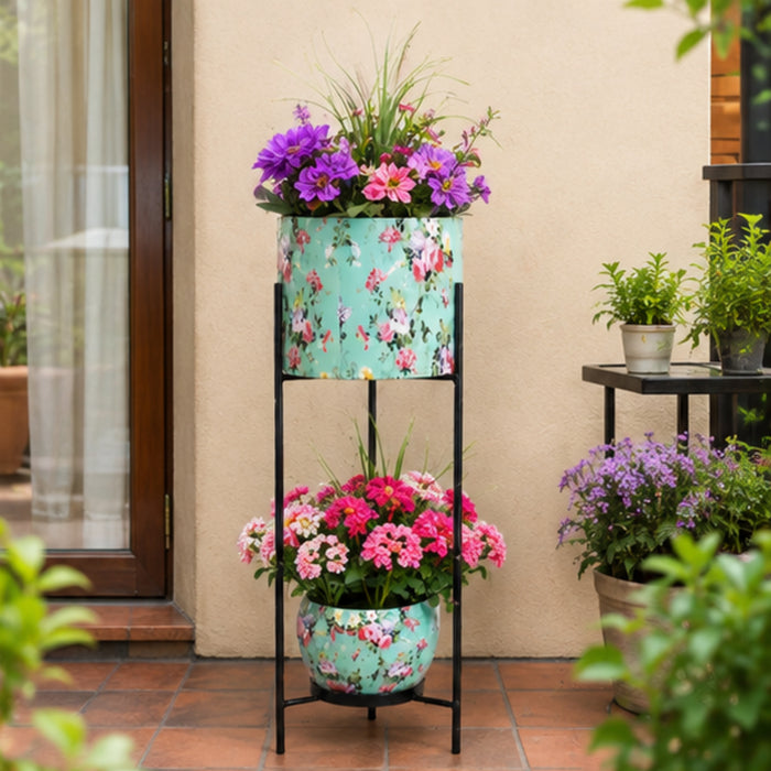 Floral Printed 2 Tier Planter with Stand (Blue)
