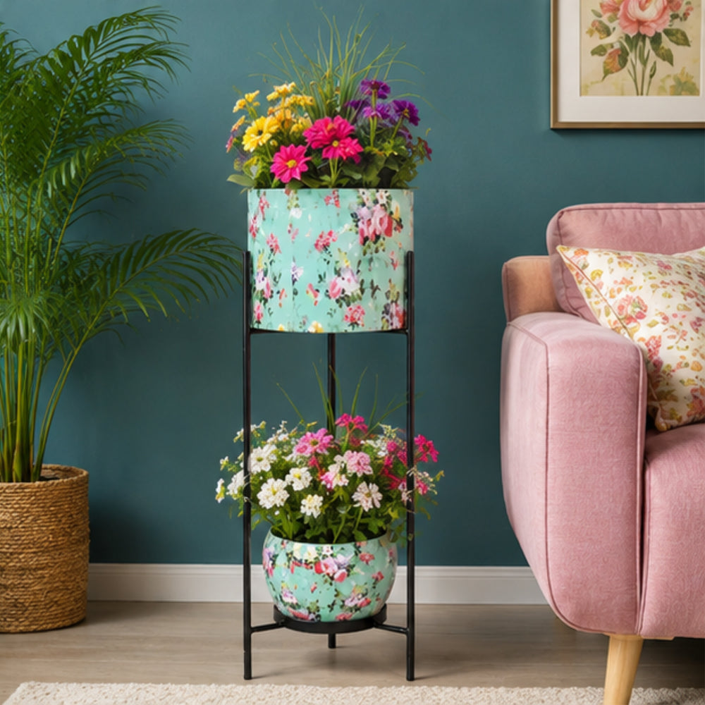 Floral Printed 2 Tier Planter with Stand (Blue)