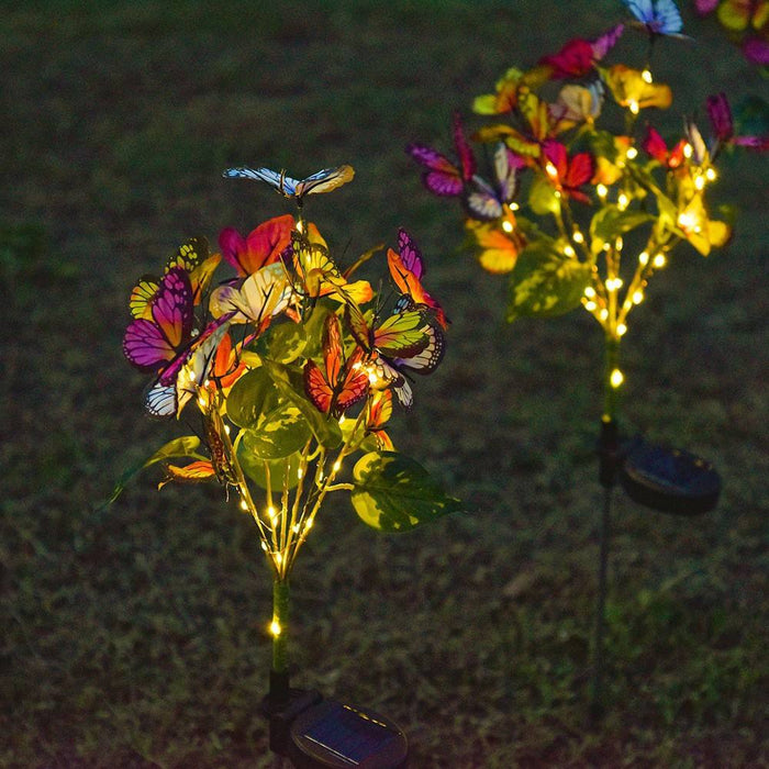 Solar Butterfly Garden Lights - Set of 2 Waterproof Outdoor Decorative Stakes with 18 LED Firefly Lights & Fiber Optic Flowers for Pathway, Yard, and Patio Decor