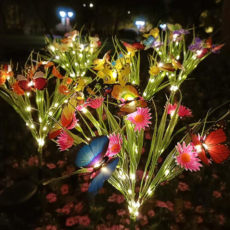 Solar Butterfly Garden Lights - Set of 4 Waterproof Outdoor Decorative Stakes with 18 LED Firefly Lights & Fiber Optic Flowers for Pathway, Yard, and Patio Decor