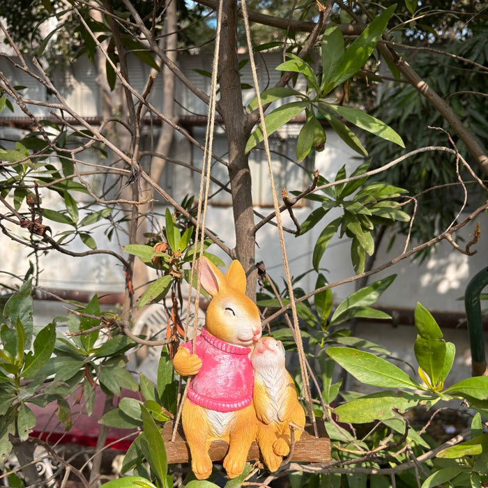 Wonderland Whimsical Hanging Rabbit and Mouse Garden Statue – Hand-Painted Resin Bunny Figurine on Decorative Wood-Style Swing for Home, Patio, or Nursery Decor