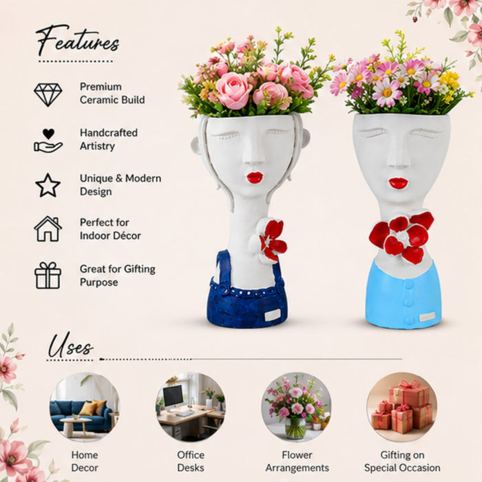 (Set of 2) Ceramic Big Girl Pots for Home Decoration