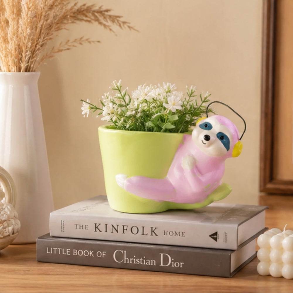 Sloth Bear Ceramic Pot for Home Decoration (Light Pink)