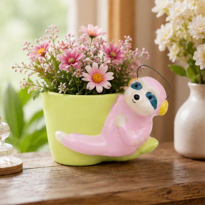 Sloth Bear Ceramic Pot for Home Decoration (Light Pink)