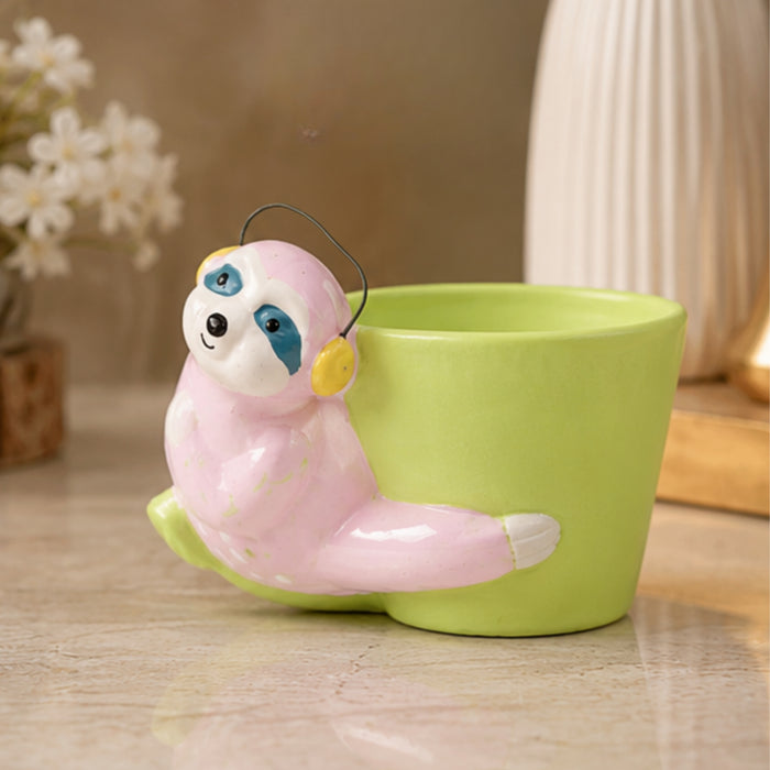 Sloth Bear Ceramic Pot for Home Decoration (Light Pink)